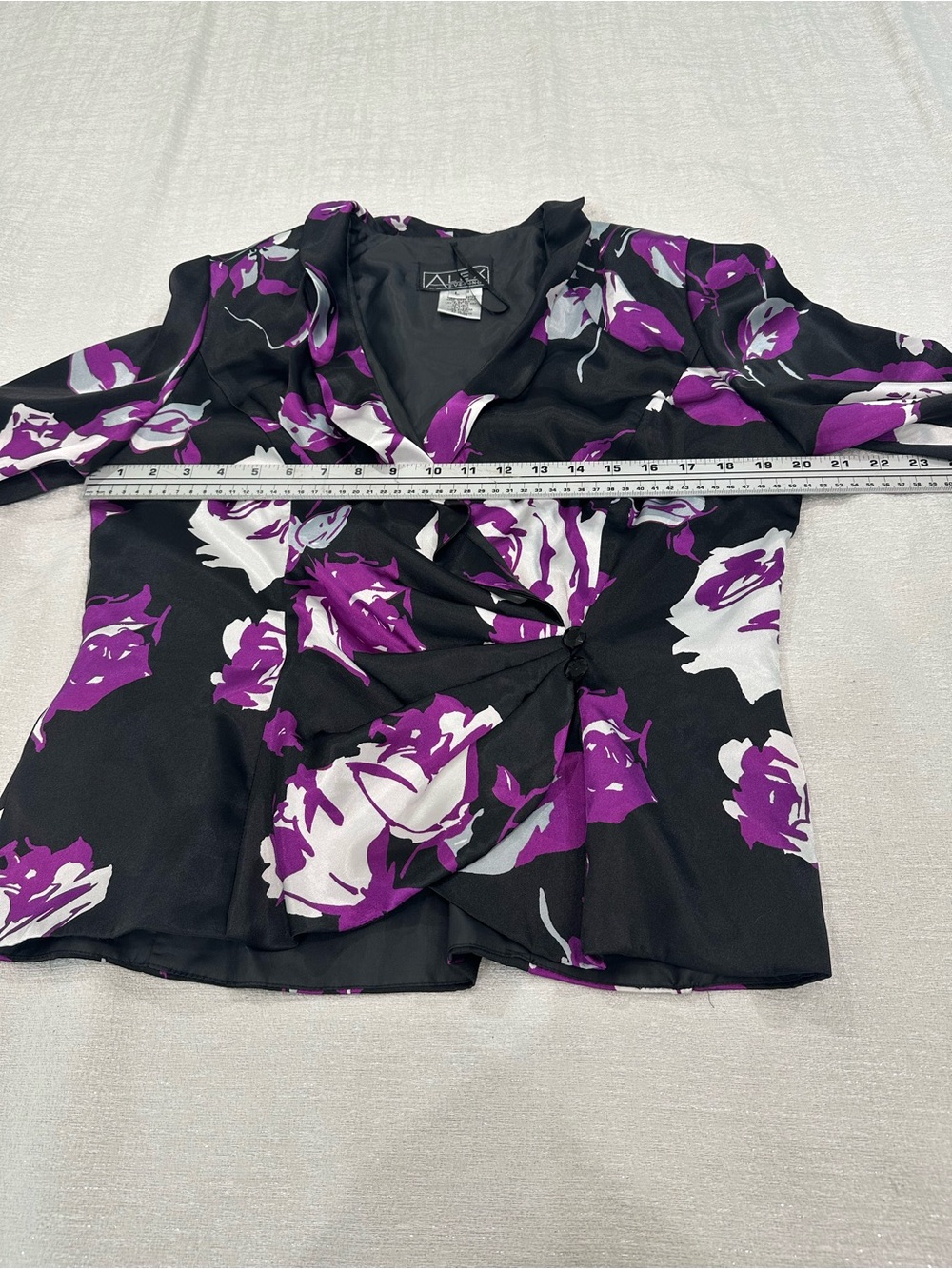 Alex Evenings Floral Satin Faux-Wrap Blouse Jacket Portrait Collar Purple Black - Picture 5 of 15